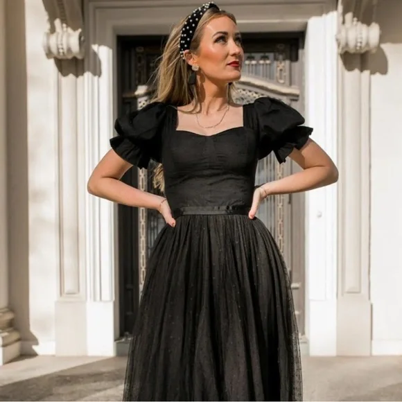 Ivy City Co. Ballerina Tulle Puff Sleeve Formal Midi Dress in Black - Picture 11 of 12